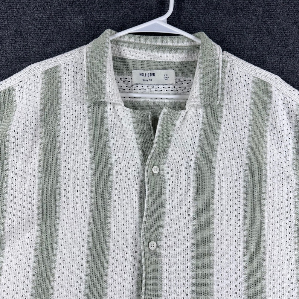 Hollister Button Down Mens XXL 2XL Green Striped Crochet Knit Boxy Fit Shirt - Picture 4 of 13
